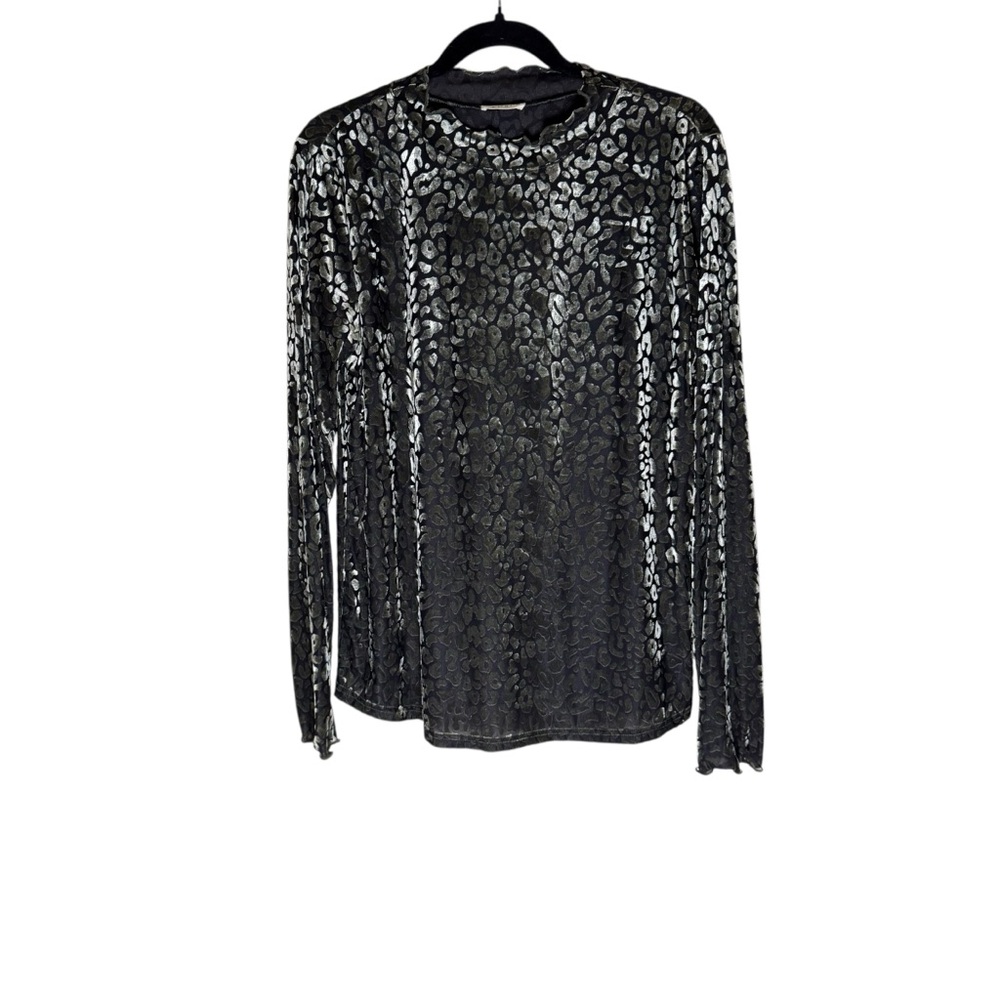 Kori Black and Silver Sno Leopard Velvet Burnout Mock Neck Blouse sz L